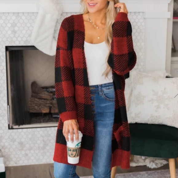 Worthwhile Risk Buffalo Plaid Red Cardigan - Picture 1 of 6